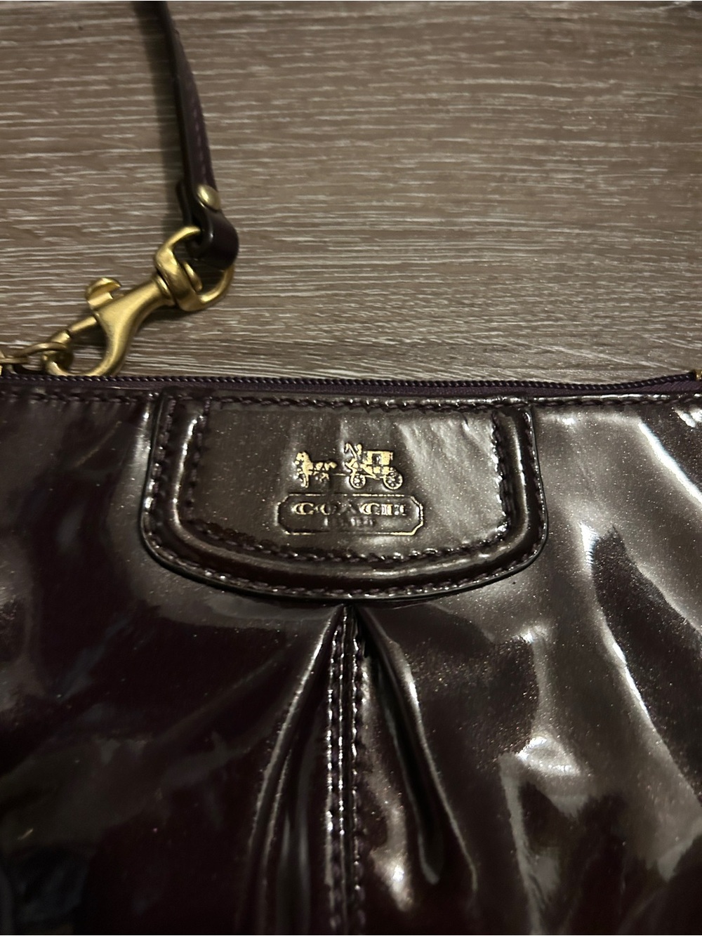 Coach Patent Wristlet in Dark Purple with Gold Hardware Accent - Picture 2 of 4